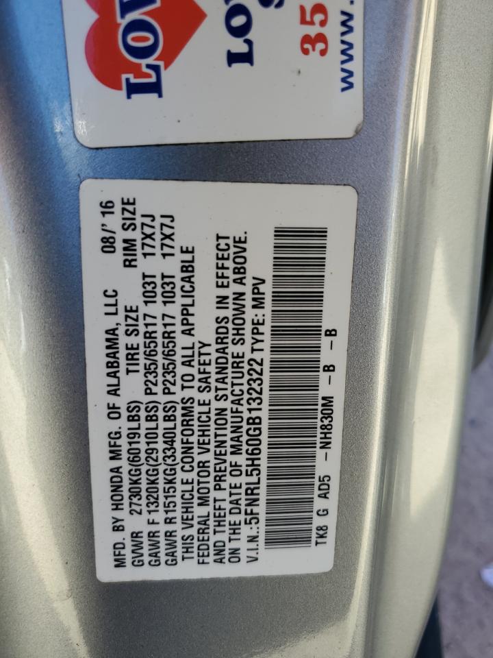 2016 Honda Odyssey VIN 5FNRL5H60GB132322 Copart auction photo, rear end / minor dent/scratches damage thumbnail 13