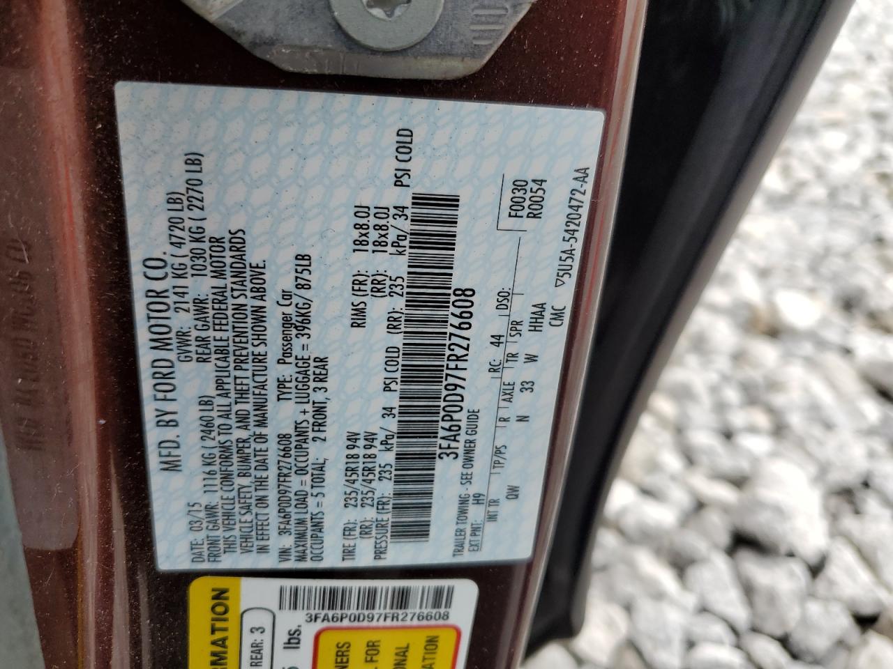2015 Ford Fusion VIN 3FA6P0D97FR276608 Copart auction photo, rear end / front end damage thumbnail 14