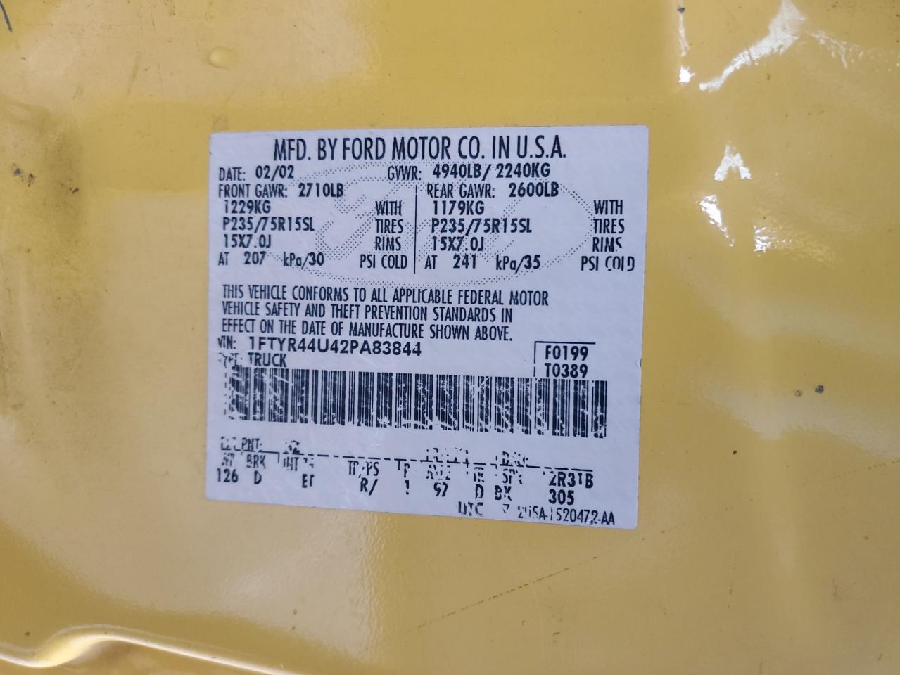 2002 Ford Ranger VIN 1FTYR44U42PA83844 Copart auction photo, minor dent/scratches damage thumbnail 12