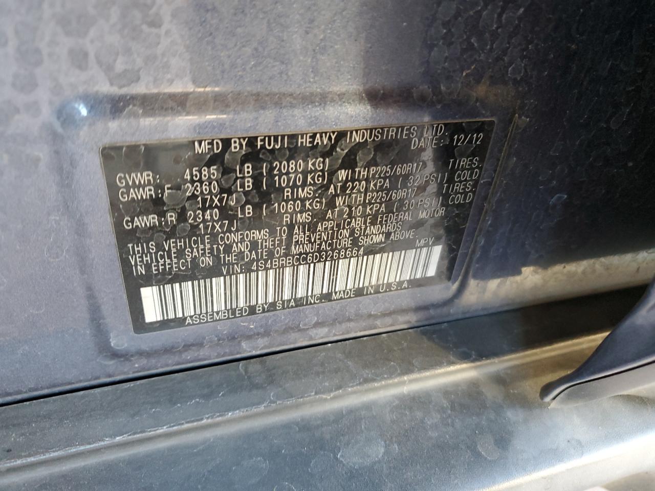 2013 Subaru Outback VIN 4S4BRBCC6D3268664 Copart auction photo, front end / side damage thumbnail 14