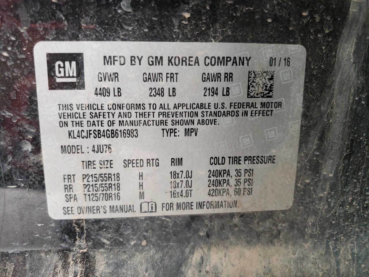 2016 Buick Encore VIN KL4CJFSB4GB616983 Copart auction photo, mechanical / minor dent/scratches damage thumbnail 13