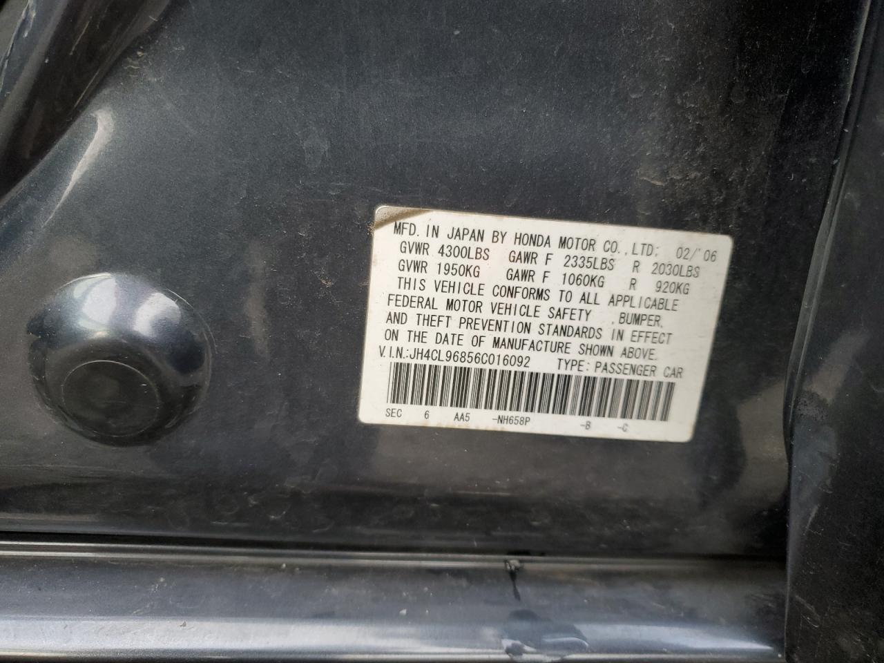 2006 Acura TSX VIN JH4CL96856C016092 Copart auction photo, side damage thumbnail 12