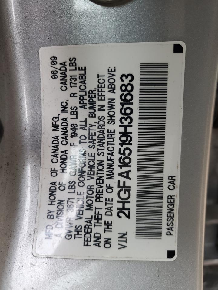 2009 Honda Civic VIN 2HGFA16519H361683 Copart auction photo, front end / minor dent/scratches damage thumbnail 15