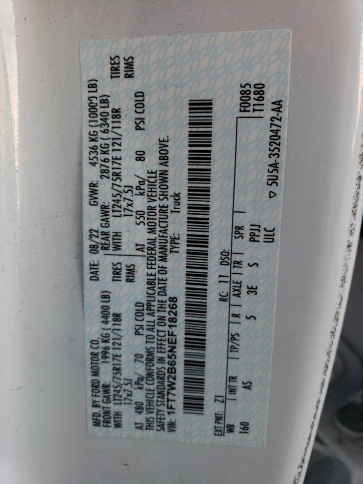 2022 Ford F250 VIN 1FT7W2B65NEF18268 Copart auction photo, all over damage thumbnail 12