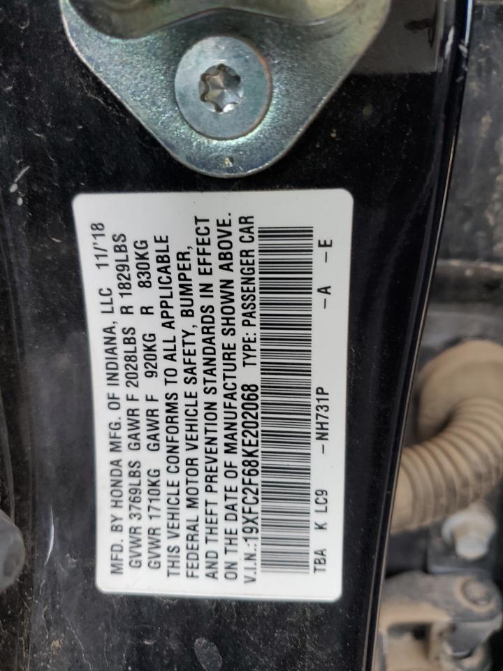 2019 Honda Civic VIN 19XFC2F68KE202068 Copart auction photo, water/flood damage thumbnail 12