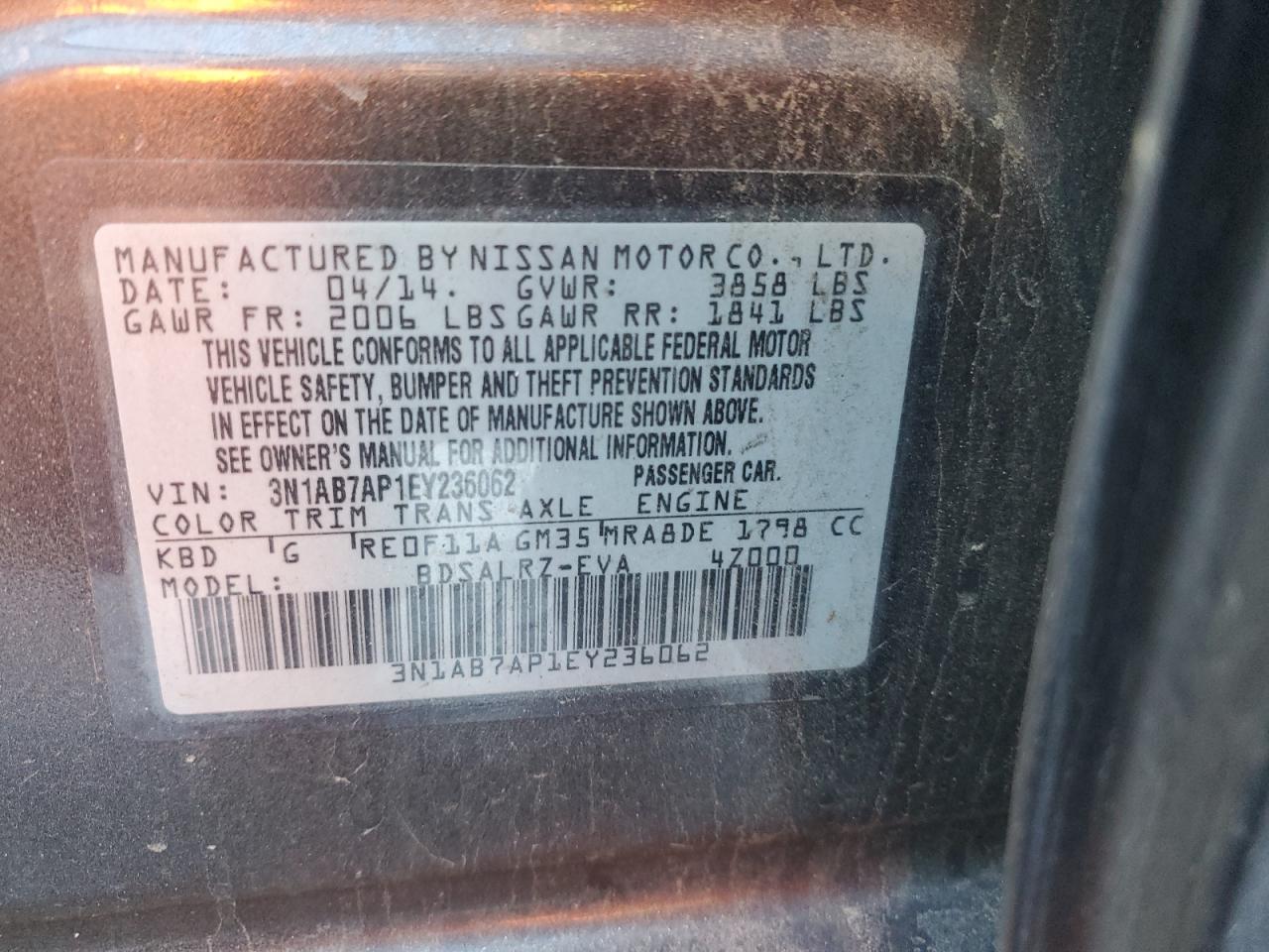 2014 Nissan Sentra VIN 3N1AB7AP1EY236062 Copart auction photo, front end / side damage thumbnail 14