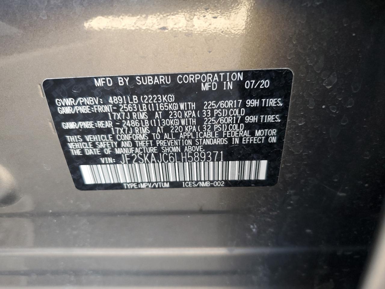 2020 Subaru Forester VIN JF2SKAJC6LH589371 Copart auction photo, front end / rear end damage thumbnail 13