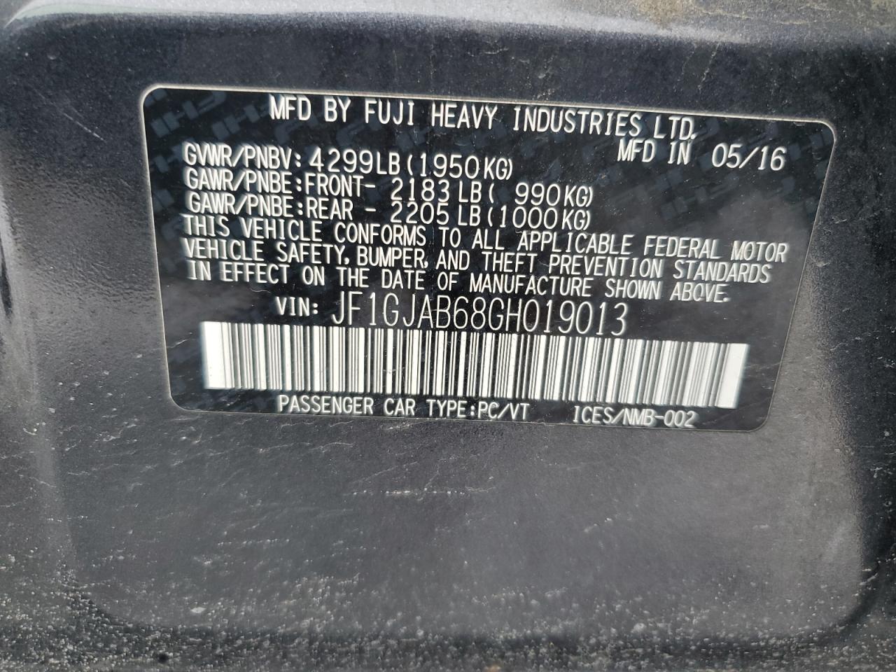 2016 Subaru Impreza VIN JF1GJAB68GH019013 Copart auction photo, front end / minor dent/scratches damage thumbnail 12