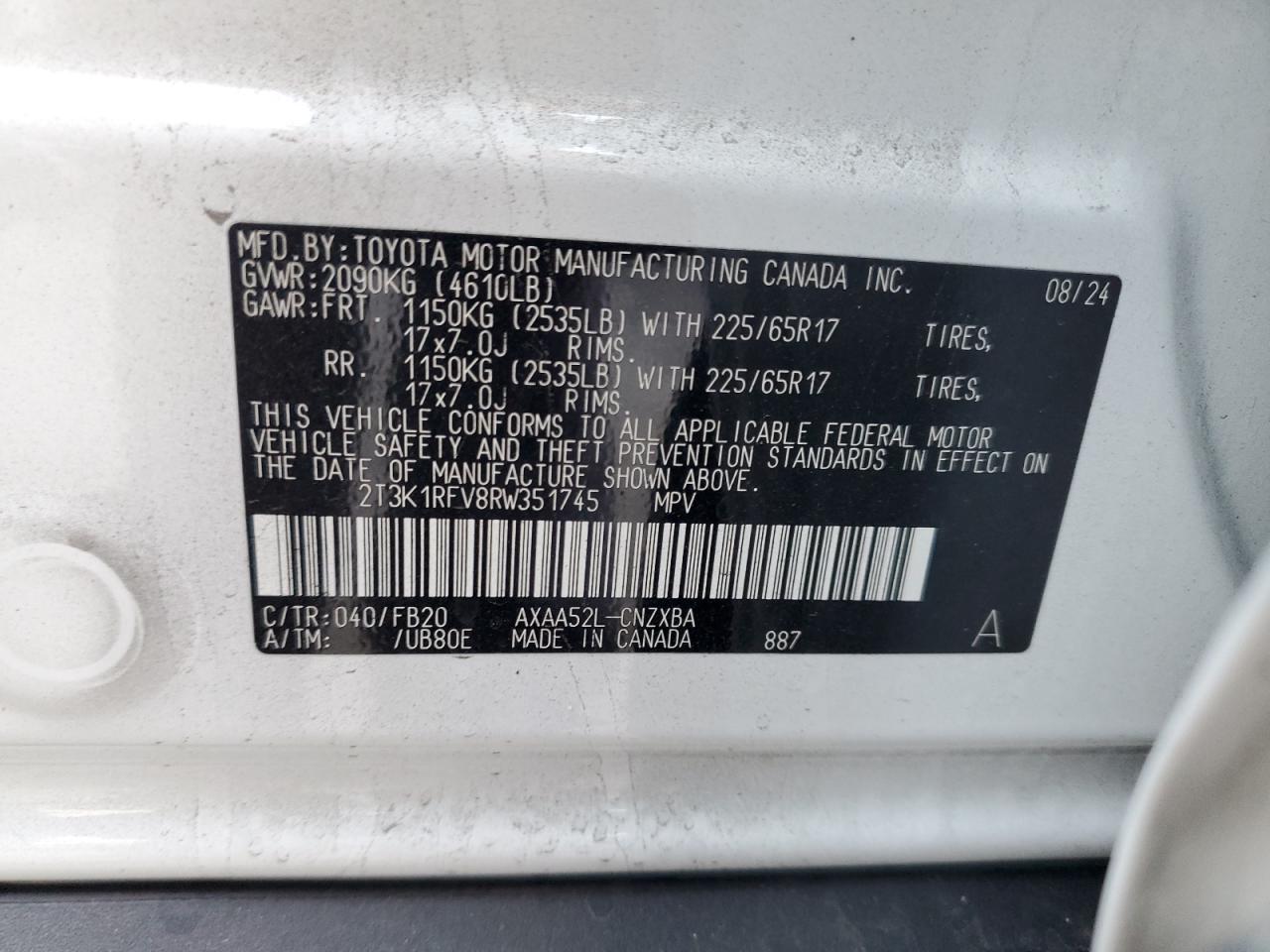 2024 Toyota RAV 4 VIN 2T3K1RFV8RW351745 Copart auction photo, rear end damage thumbnail 14
