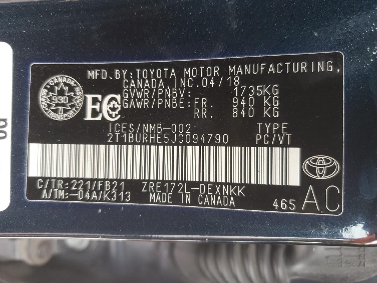 2018 Toyota Corolla VIN 2T1BURHE5JC094790 Copart auction photo, front end / side damage thumbnail 13
