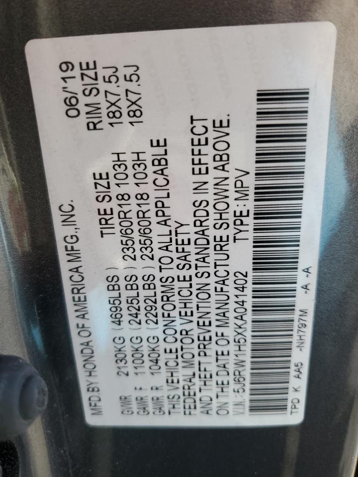 2019 Honda CR-V VIN 5J6RW1H5XKA041402 Copart auction photo, side damage thumbnail 13