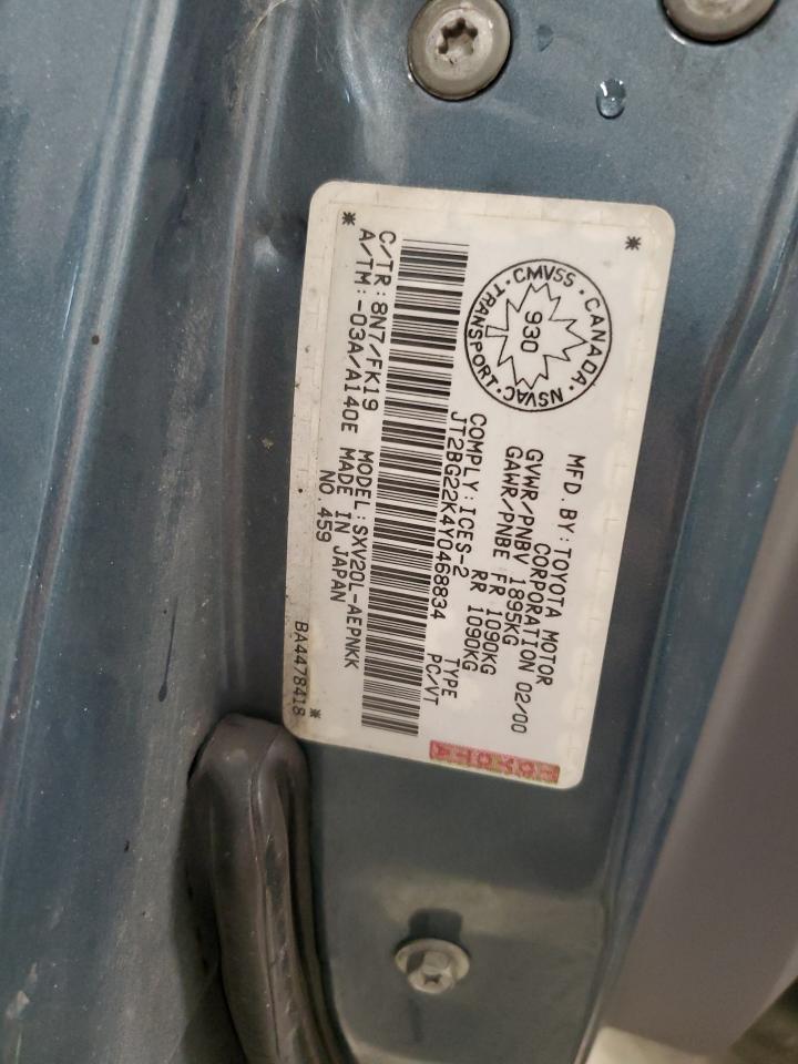 2000 Toyota Camry VIN JT2BG22K4Y0468834 Copart auction photo, minor dent/scratches / normal wear damage thumbnail 11