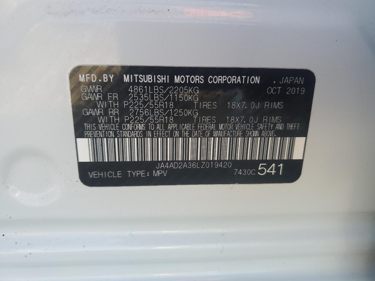 2020 Mitsubishi Outlander VIN JA4AD2A36LZ019420 Copart auction photo, rear end damage thumbnail 16