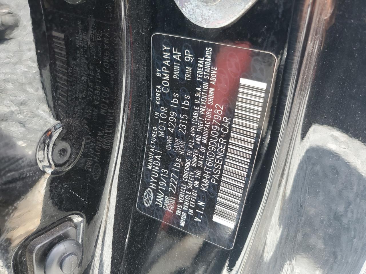 2013 Hyundai Genesis VIN KMHHT6KD9DU097982 Copart auction photo, front end / mechanical damage thumbnail 13