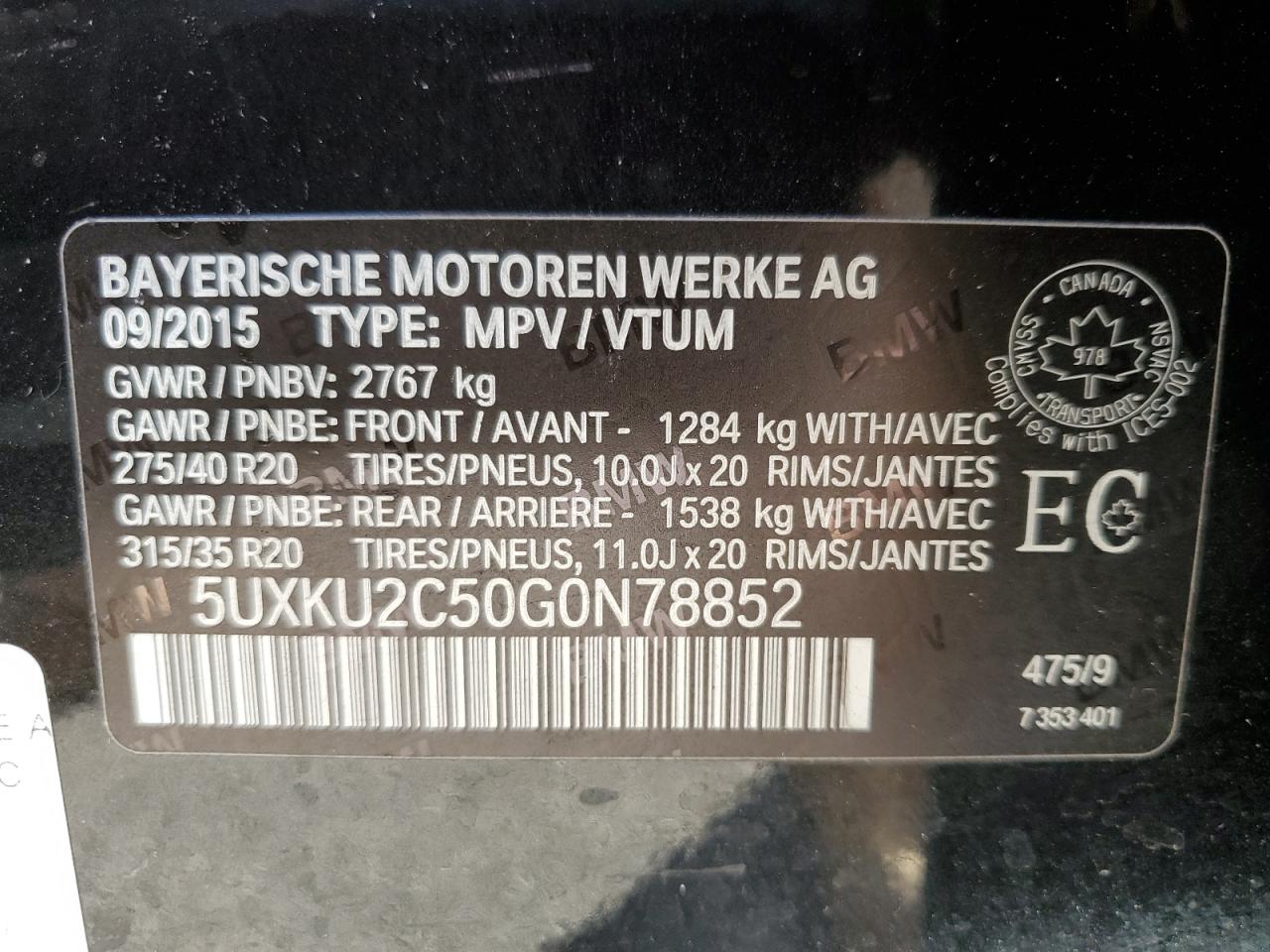 2016 BMW X6 VIN 5UXKU2C50G0N78852 Copart auction photo, front end / side damage thumbnail 15