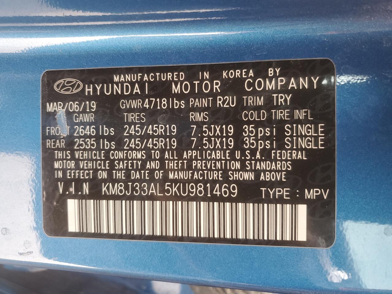 2019 Hyundai Tucson VIN KM8J33AL5KU981469 Copart auction photo, front end damage thumbnail 16