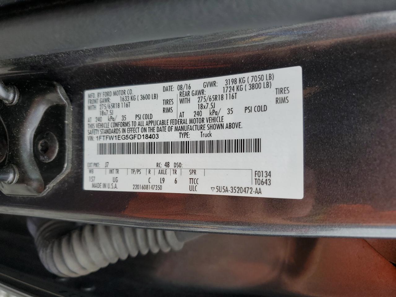 2016 Ford F-150 VIN 1FTFW1EG5GFD18403 Copart auction photo, front end / rear end damage thumbnail 14