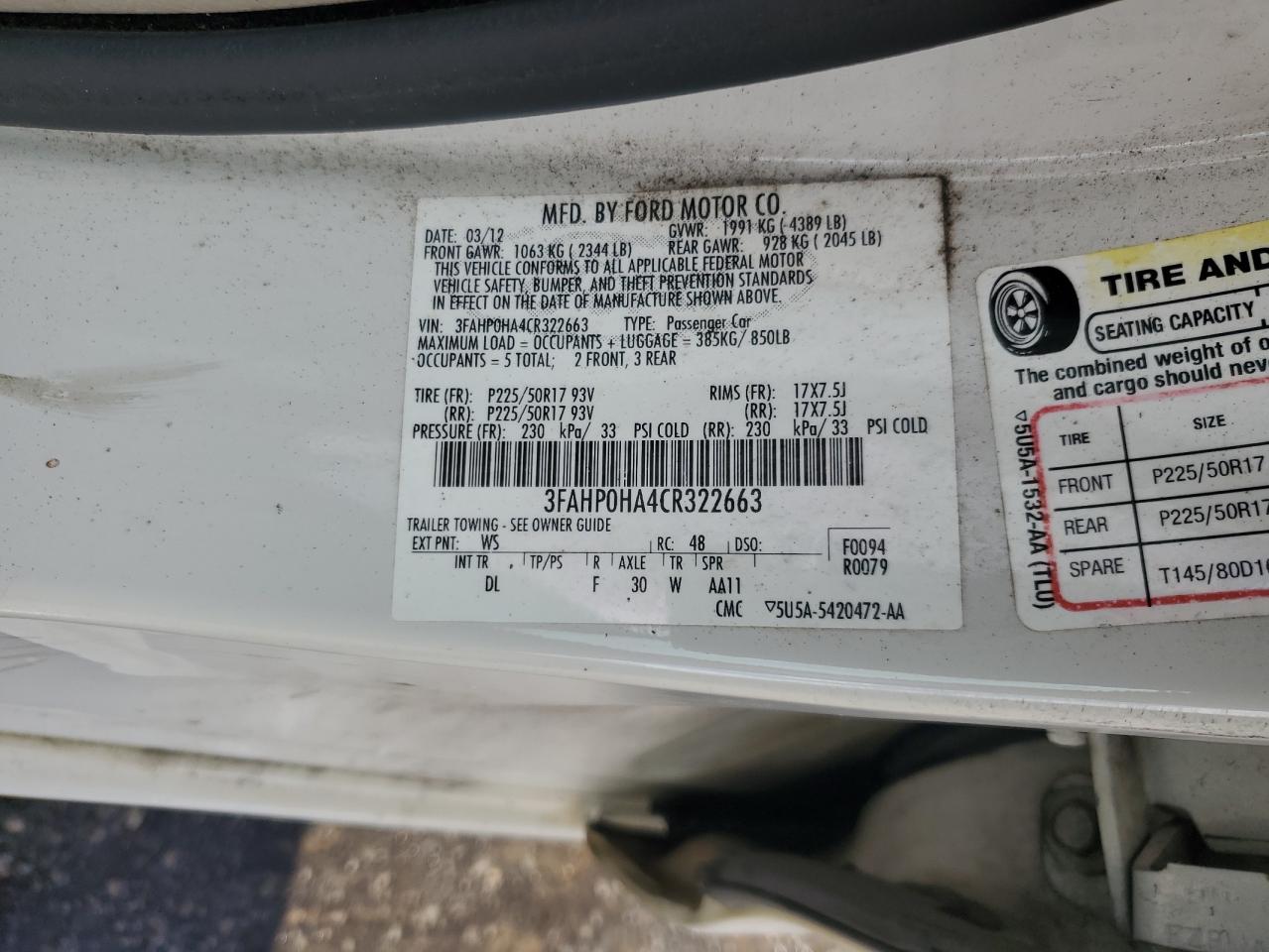 2012 Ford Fusion VIN 3FAHP0HA4CR322663 Copart auction photo, front end damage thumbnail 12