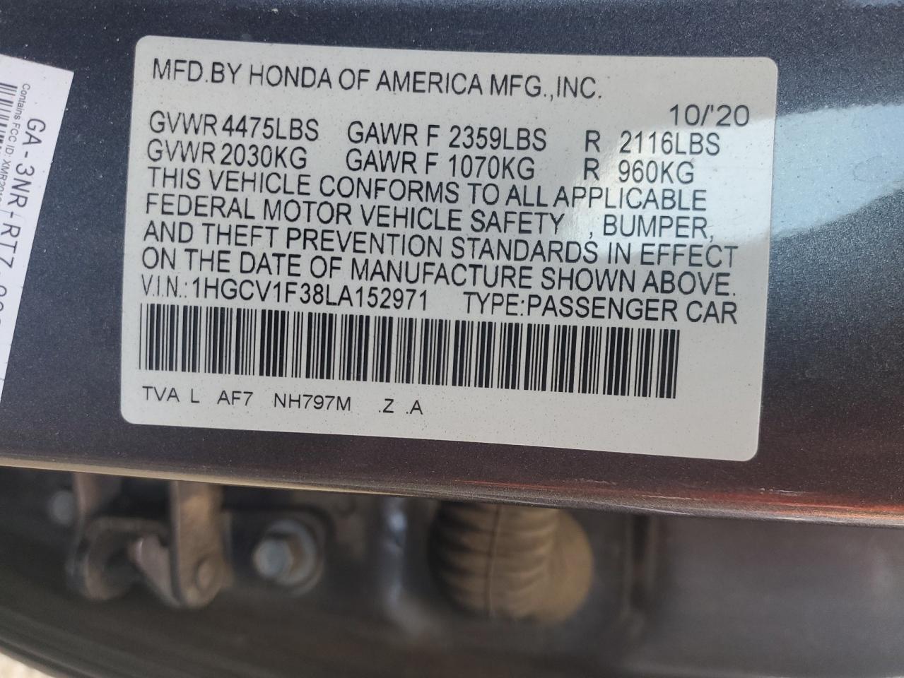 2020 Honda Accord VIN 1HGCV1F38LA152971 Copart auction photo, rear end / frame damage damage thumbnail 13