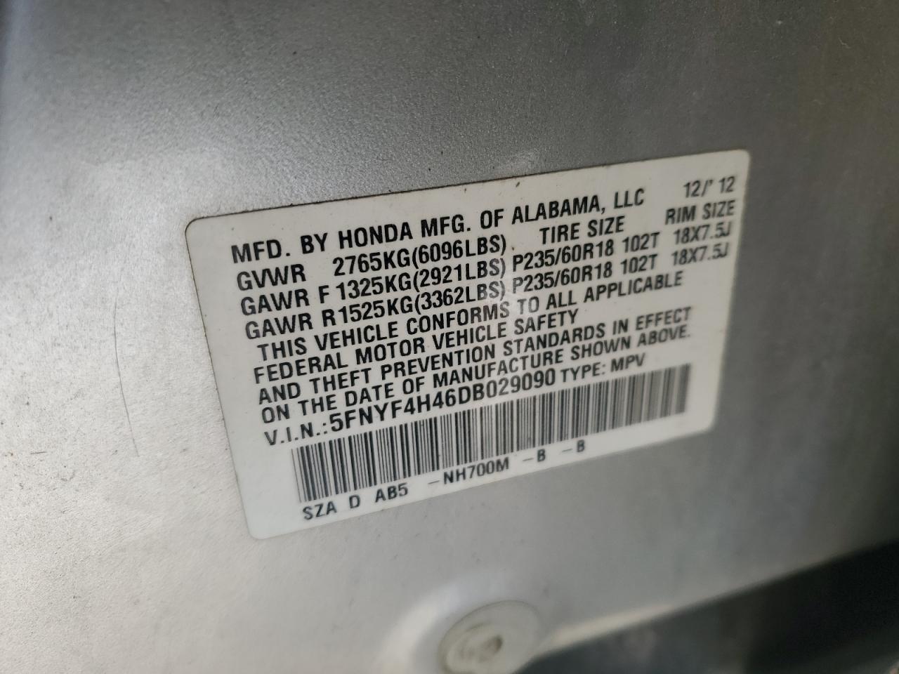 2013 Honda Pilot VIN 5FNYF4H46DB029090 Copart auction photo, all over damage thumbnail 16
