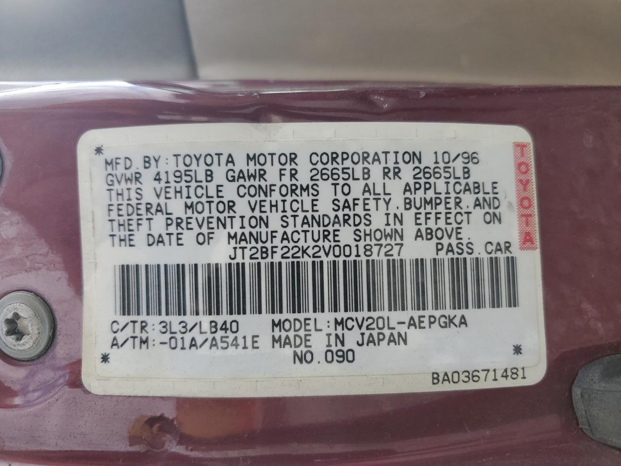 1997 Toyota Camry VIN JT2BF22K2V0018727 Copart auction photo, front end damage thumbnail 12