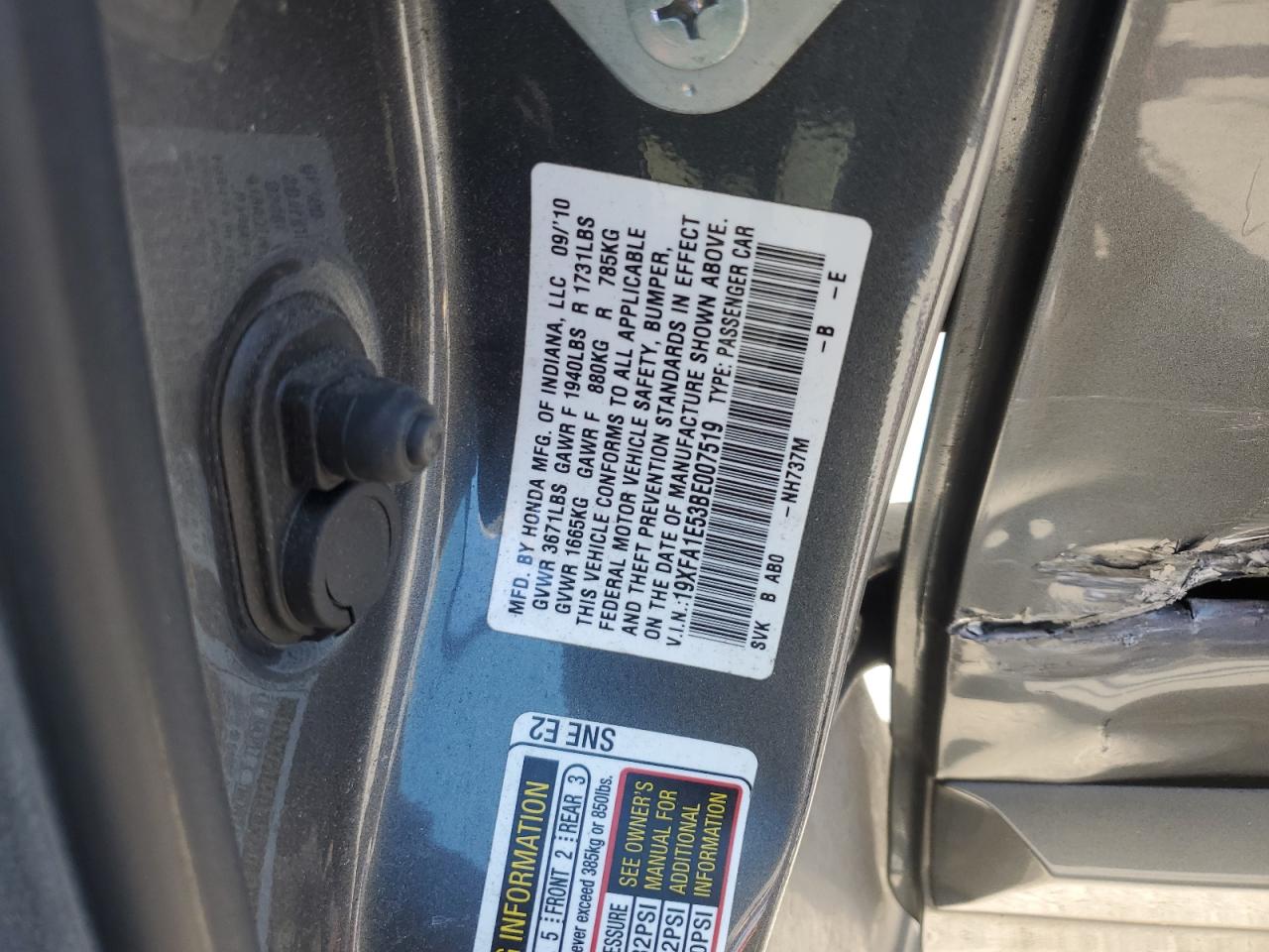 2011 Honda Civic VIN 19XFA1E53BE007519 Copart auction photo, all over damage thumbnail 15