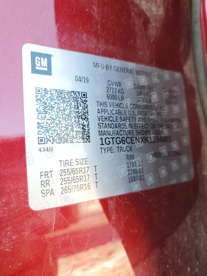 2019 GMC Canyon VIN 1GTG6CENXK1294801 Copart auction photo, all over damage thumbnail 12
