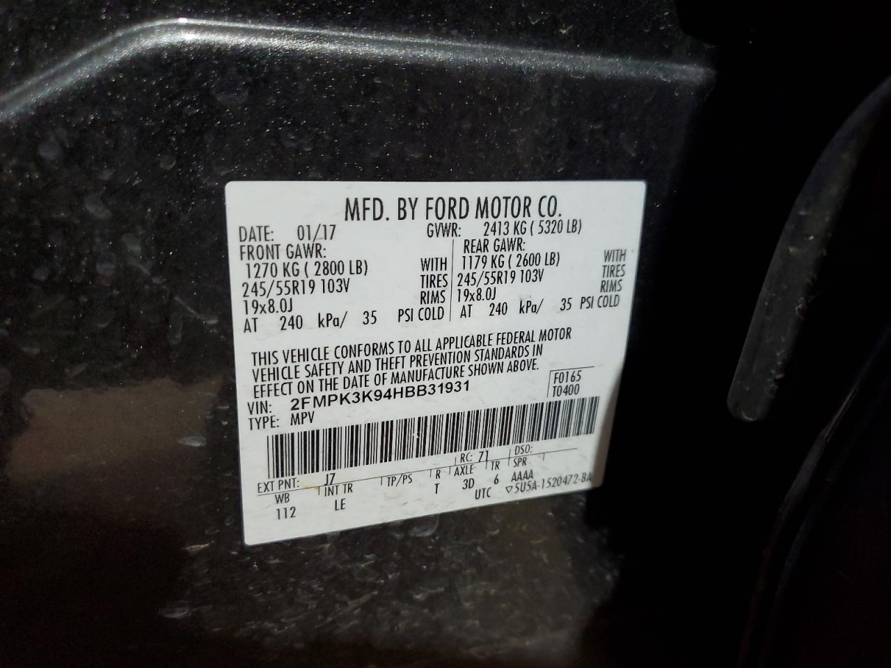 2017 Ford Edge VIN 2FMPK3K94HBB31931 Copart auction photo, front end / minor dent/scratches damage thumbnail 15