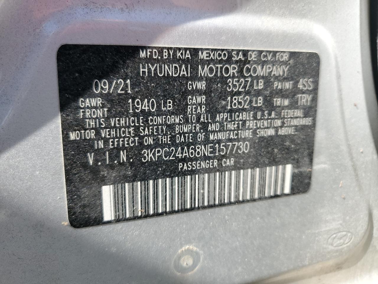 2022 Hyundai Accent VIN 3KPC24A68NE157730 Copart auction photo, water/flood damage thumbnail 13