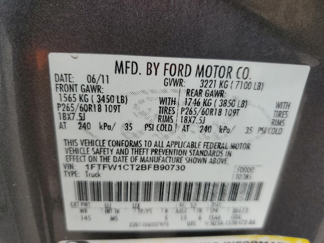 2011 Ford F-150 VIN 1FTFW1CT2BFB90730 Copart auction photo, front end / side damage thumbnail 12
