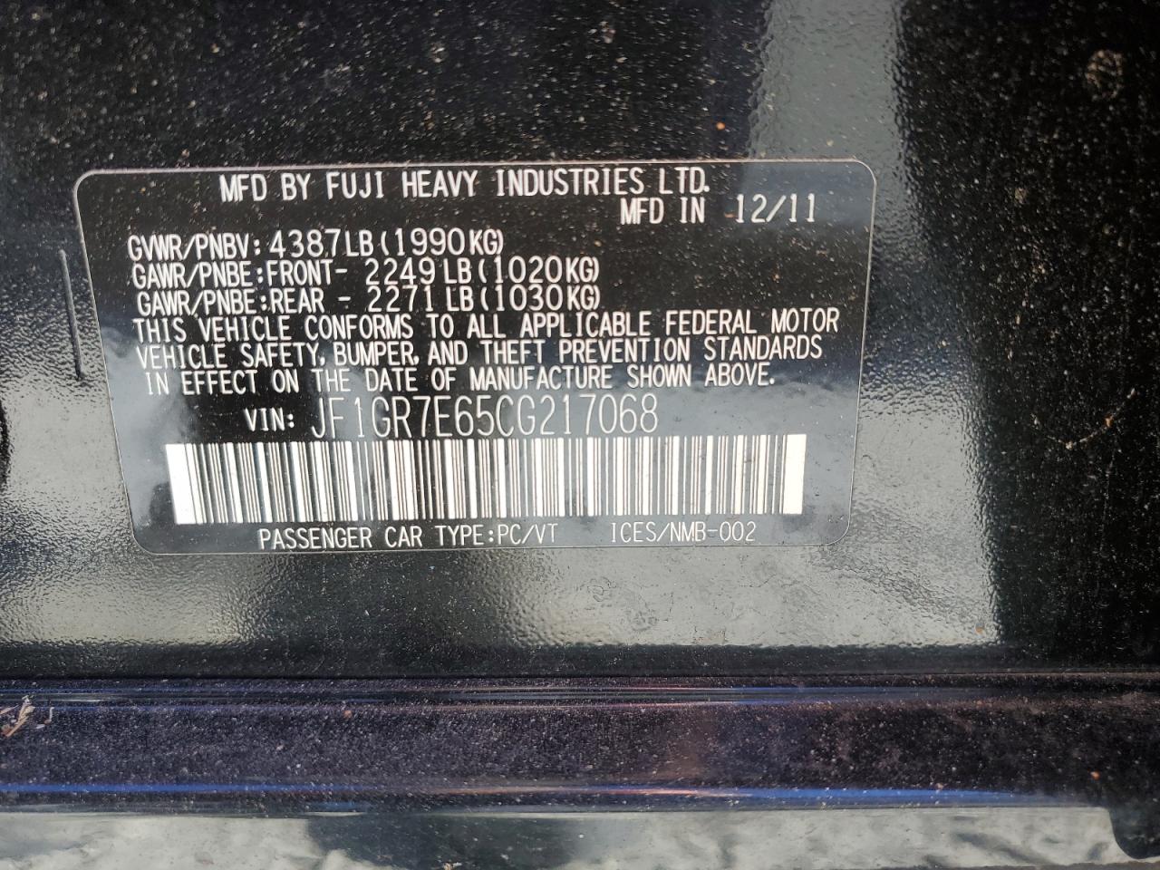 2012 Subaru WRX VIN JF1GR7E65CG217068 Copart auction photo, top/roof damage thumbnail 12