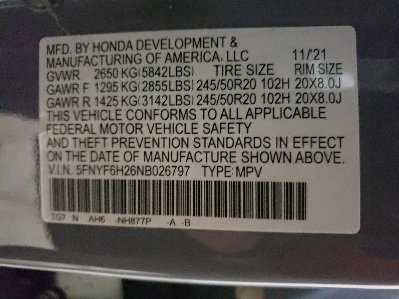 2022 Honda Pilot VIN 5FNYF6H26NB026797 Copart auction photo, rear end / all over damage thumbnail 13