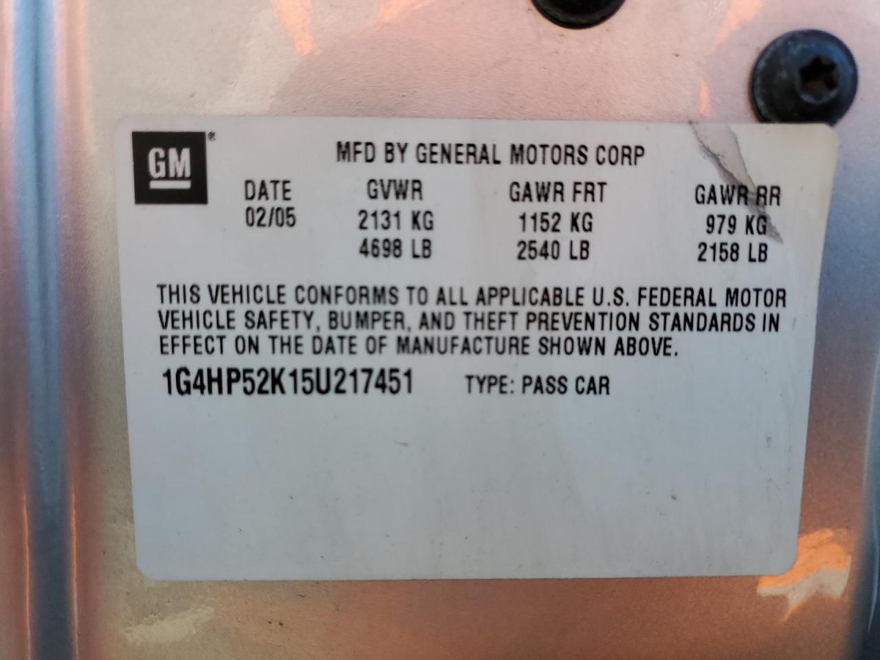 2005 Buick LeSabre VIN 1G4HP52K15U217451 Copart auction photo, rear end / minor dent/scratches damage thumbnail 12