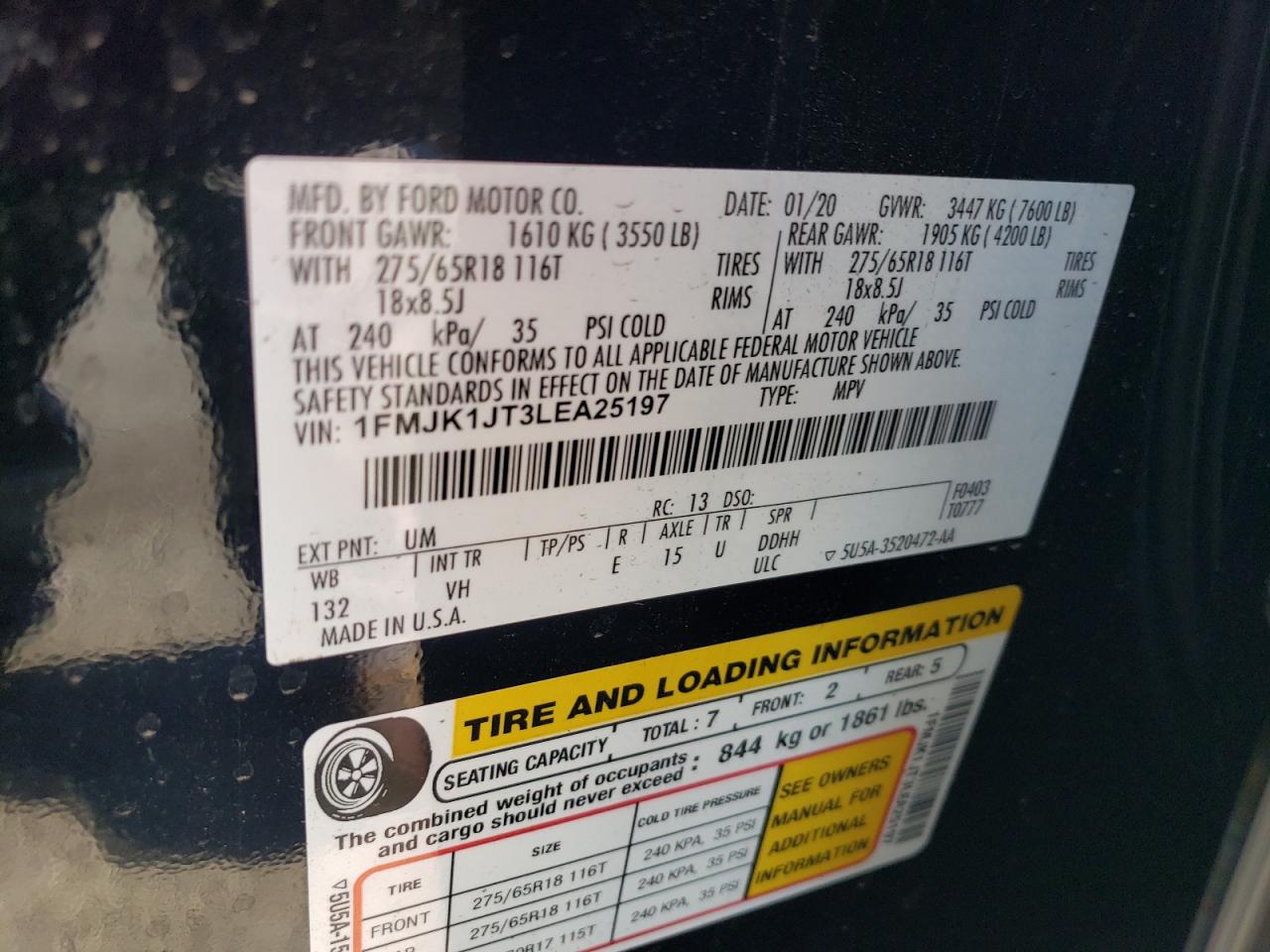 2020 Ford Expedition VIN 1FMJK1JT3LEA25197 Copart auction photo, front end damage thumbnail 15