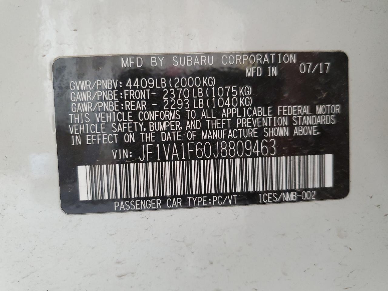 2018 Subaru WRX VIN JF1VA1F60J8809463 Copart auction photo, water/flood / hail damage thumbnail 14