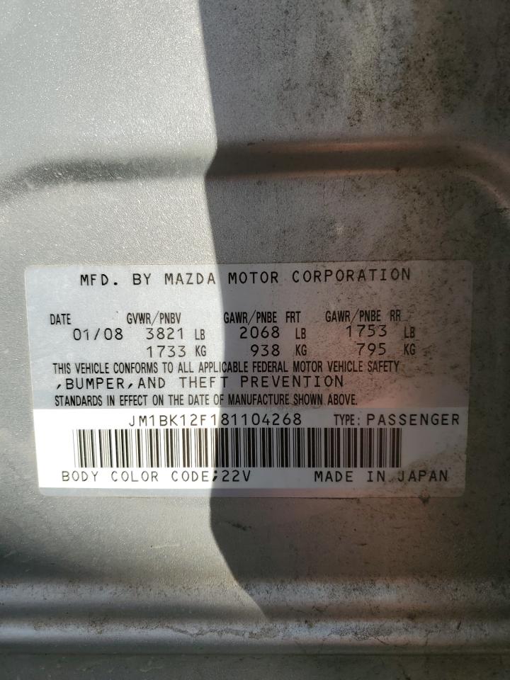 2008 Mazda 3 VIN JM1BK12F181104268 Copart auction photo, rear end damage thumbnail 12