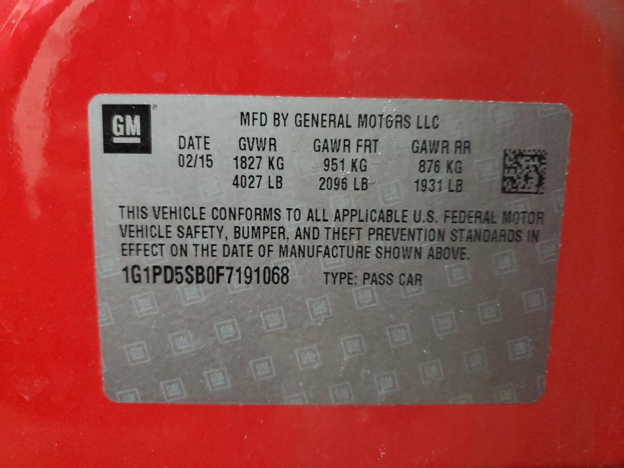 2015 Chevrolet Cruze VIN 1G1PD5SB0F7191068 Copart auction photo, side / rear end damage thumbnail 14