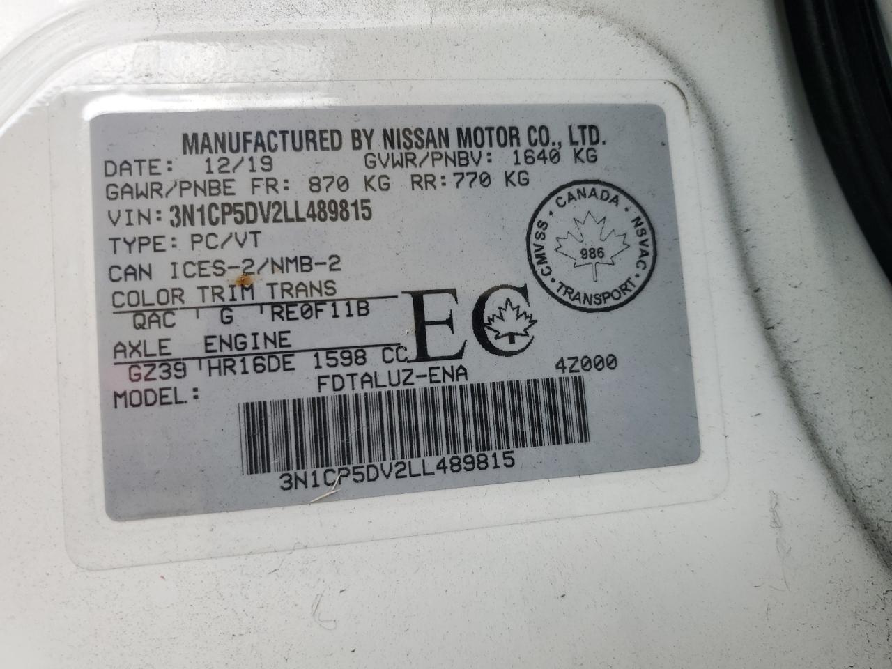 2020 Nissan Kicks VIN 3N1CP5DV2LL489815 Copart auction photo, front end / side damage thumbnail 15