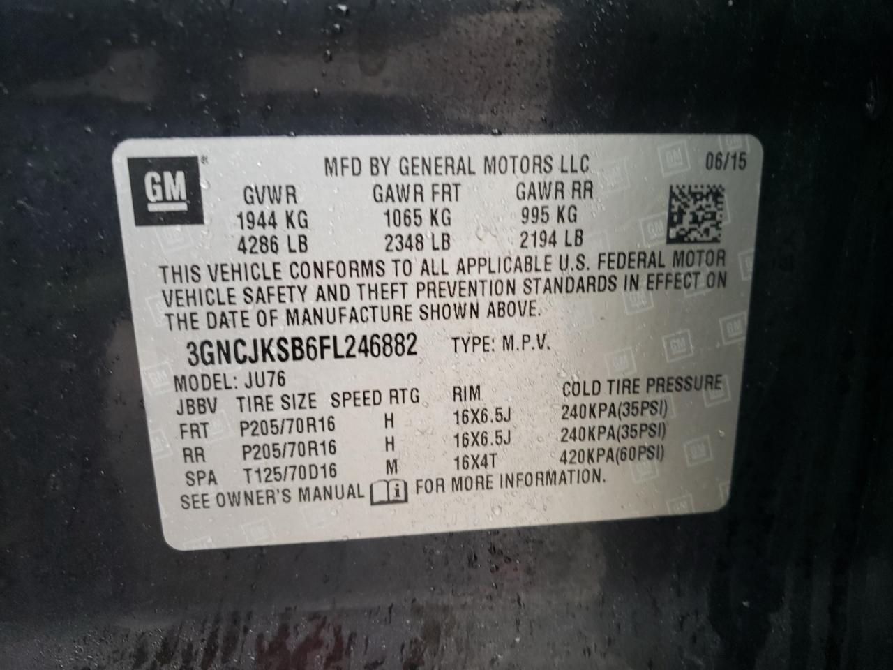 2015 Chevrolet Trax VIN 3GNCJKSB6FL246882 Copart auction photo, front end damage thumbnail 13