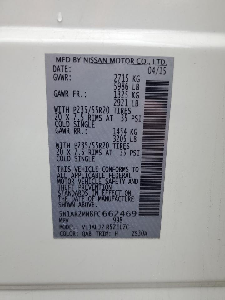 2015 Nissan Pathfinder VIN 5N1AR2MN8FC662469 Copart auction photo, all over damage thumbnail 14