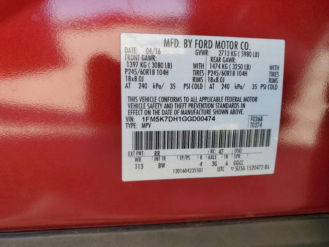 2016 Ford Explorer VIN 1FM5K7DH1GGD00474 Copart auction photo, front end / minor dent/scratches damage thumbnail 13