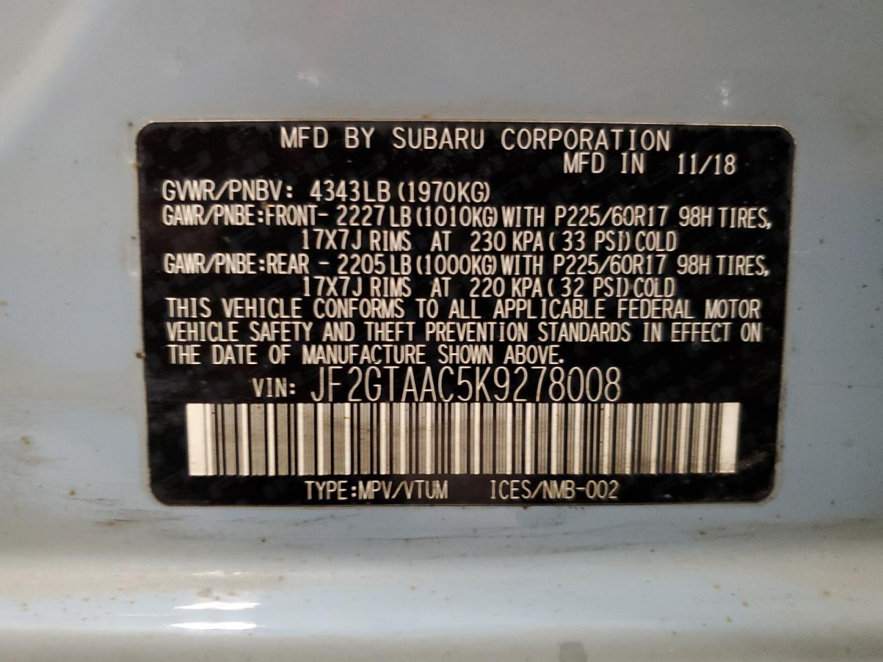 2019 Subaru XV VIN JF2GTAAC5K9278008 Copart auction photo, front end / mechanical damage thumbnail 14