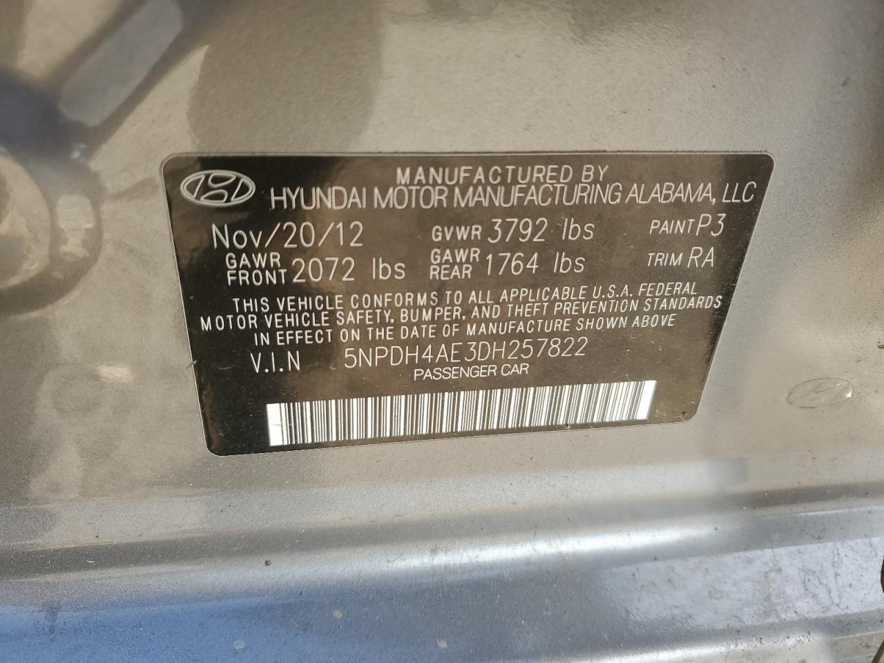2013 Hyundai Elantra VIN 5NPDH4AE3DH257822 Copart auction photo, all over / vandalism damage thumbnail 12