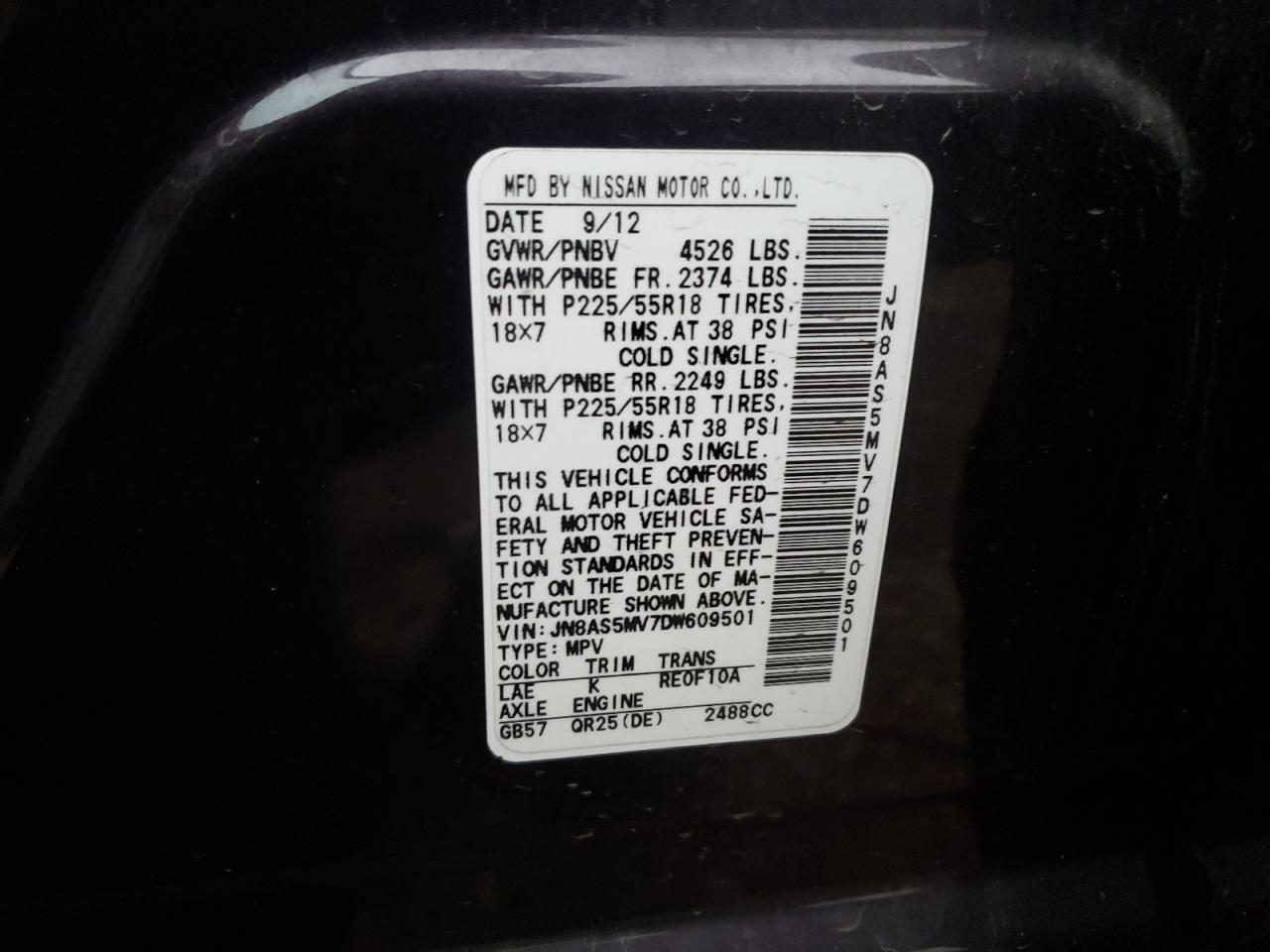 2013 Nissan Rogue VIN JN8AS5MV7DW609501 Copart auction photo, rear end damage thumbnail 12
