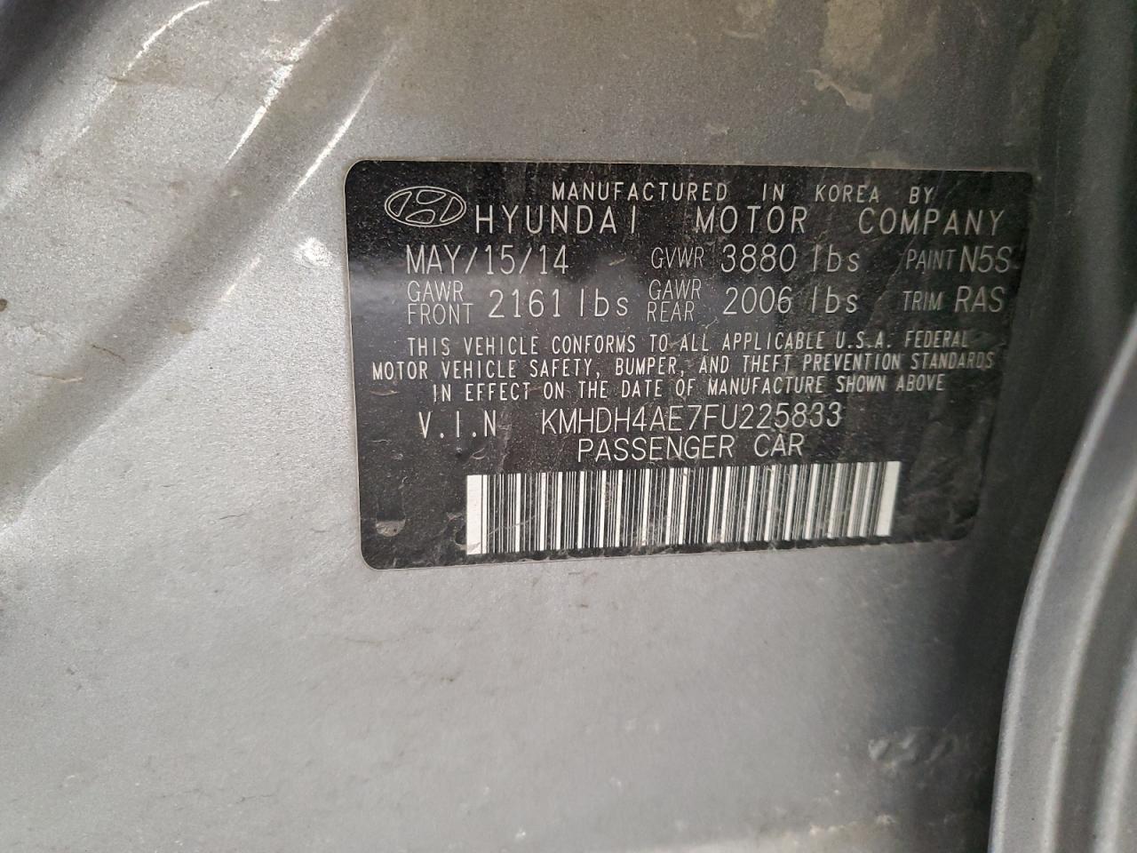 2015 Hyundai Elantra VIN KMHDH4AE7FU225833 Copart auction photo, front end / undercarriage damage thumbnail 14