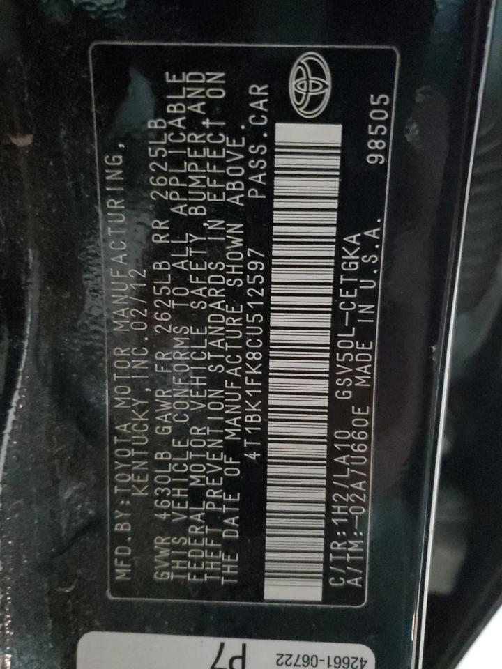 2012 Toyota Camry VIN 4T1BK1FK8CU512597 Copart auction photo, front end / side damage thumbnail 12