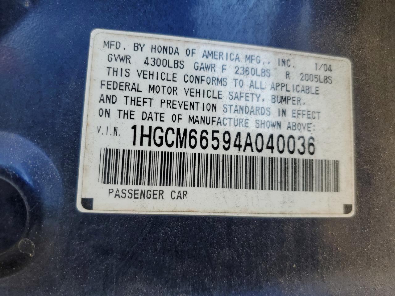 2004 Honda Accord VIN 1HGCM66594A040036 Copart auction photo, front end / side damage thumbnail 12