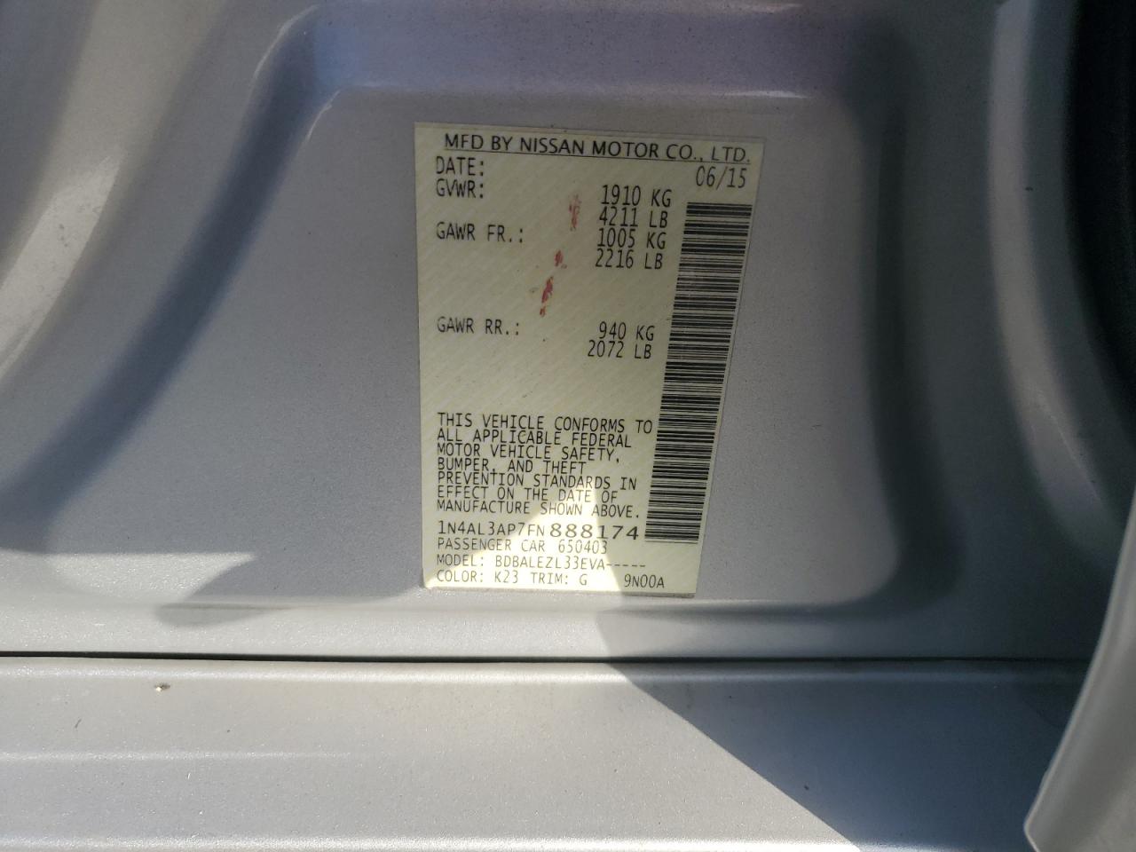 2015 Nissan Altima VIN 1N4AL3AP7FN888174 Copart auction photo, front end damage thumbnail 14