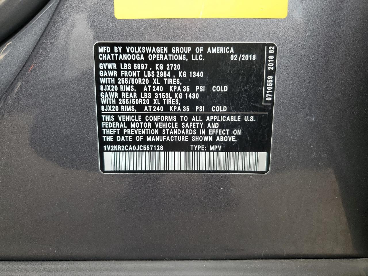 2018 Volkswagen Atlas VIN 1V2NR2CA0JC557128 Copart auction photo, front end / side damage thumbnail 12