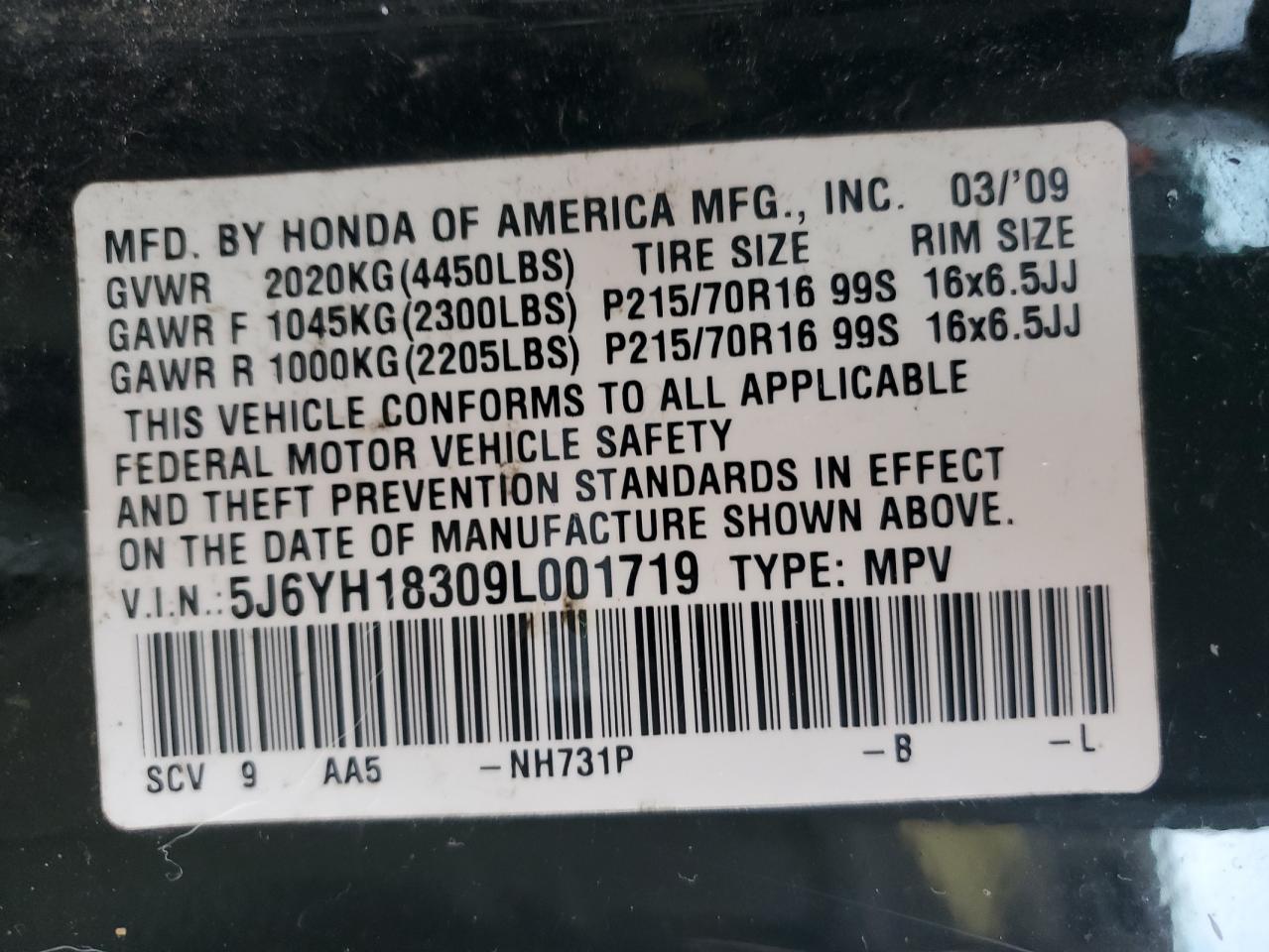 2009 Honda Element VIN 5J6YH18309L001719 Copart auction photo, rear end / top/roof damage thumbnail 12